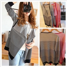 2013新款韩版女装宽松条纹不规则显瘦大码长袖女针织衫开衫外套