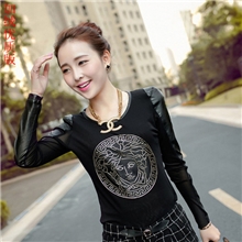 2013秋冬新款少女脸网纱拼pu皮加绒打底衫韩版圆领t恤批发