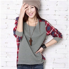 2013秋装新款韩版女装圆领格子拼接街头宽松长袖T恤