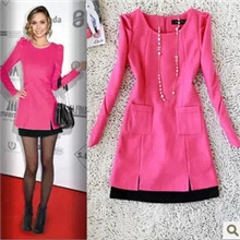 2013韩版秋冬新品优雅气质撞色百搭拼接毛呢长袖连衣裙