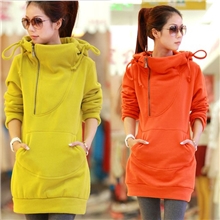 2013韩版新款女装秋冬加厚纯色中长款套头卫衣修身连帽外套