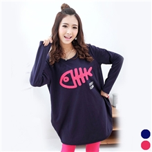 新款韩版长袖胖mm长款打底衫宽松鱼绣花大码T恤女装秋装批发代