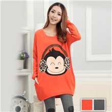 原厂冬装不倒绒新品大码女装秀耳机猴子印花贴布宽松长袖T恤