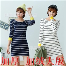 冬季女装批发韩版修身包臀长款条纹加绒打底衫长袖加厚保暖t恤