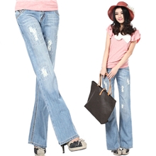 外贸原单牛仔裤破洞乞丐牛仔裤宽松浅色镶钻阔腿牛子裤时尚女装