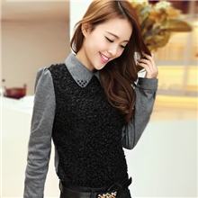 韩版潮时尚毛绒拼接反娃娃领棉麻打底衫长袖衬衫彼得潘领ASE1102