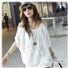 2013新款夏装女装韩版波浪纹露肩圆领长款T恤035#