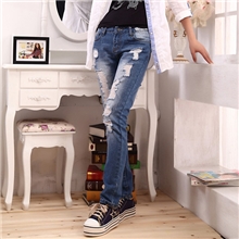 2013秋装新款破洞洗水磨白宽松全棉女式牛仔长裤高腰牛仔裤