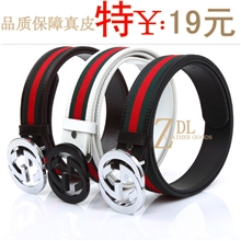 双G圆扣皮带红绿布真皮腰带牛皮真皮皮带配进口布料厂家直销