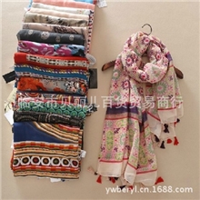 Acc原单波西米亚棉麻名族风花朵旅游流苏围巾披肩批发