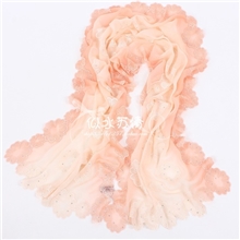【围巾批发】真丝乔其高档驼粉刺绣手工烫钻长围巾丝巾