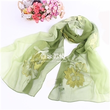 苏州精品丝绸批发真丝乔其纱手绘渐变刺绣玫瑰花绿色