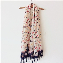 外贸原单动物纹百鸟围巾披肩森林系百搭棉麻流苏高品质围巾批发