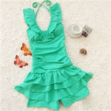 新款热卖女士泡温泉连体平角游泳衣层层裙式泳装少女保守型