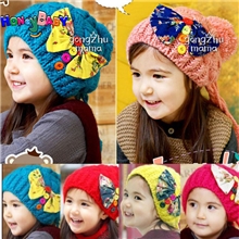 H780新款蝴蝶结纽扣毛线帽儿童冬帽毛线针织帽子批发批发