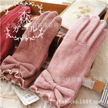 秋冬羊绒羊毛女士手套皮质边大蝴蝶结手套秋冬加厚分指女士手套