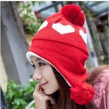 新款针织帽子可爱潮女保暖爱心大毛球球护耳针织双层毛线帽子