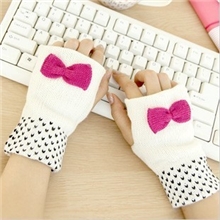 冬季保暖韩版女士办公甜美可爱蝴蝶结键盘露指仿兔毛加厚半指手套