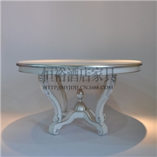 新古典家具雕花餐桌白色描银圆桌圆形餐桌酒店餐桌大圆桌