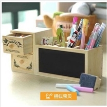 韩国文具原木创意黑板笔筒双层抽屉笔座创意礼品