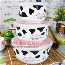 陶瓷保鲜碗三件套骨瓷密封盖型保鲜盒可做饭碗田园风格玉瓷饭碗