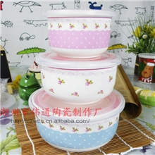 厂家直销潮州陶瓷保鲜碗三件套骨瓷密封盖型保鲜盒可做饭碗