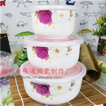 情人玫瑰骨瓷陶瓷饭盒三件套保鲜饭盒真空保鲜碗骨玉瓷密封碗