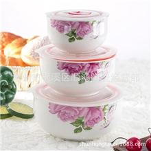 潮州厂家最低价韩式陶瓷保鲜碗三件套陶瓷密封碗骨瓷保鲜盒