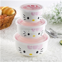韩式骨瓷三件套保鲜碗陶瓷直身密封碗HELLOKIT保鲜盒礼品碗