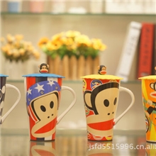 【热销1】带硅胶盖可爱大嘴猴潮州陶瓷杯大容量早餐单层杯