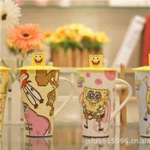 【热销1】卡通海绵宝宝大容量创意陶瓷硅胶杯子带硅胶盖单层杯