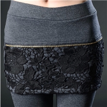 韩国秋冬加绒加厚拼接蕾丝假两件九分女包臀裙裤义乌打底裤批发