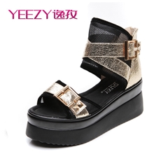 2013夏季新款凉鞋欧美厚底女鞋拼色镂空坡跟铆钉鱼嘴松糕鞋厂家