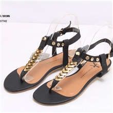 简约T型吊带金属水钻平底人字凉鞋电镀跟绑带休闲舒适夹趾凉鞋