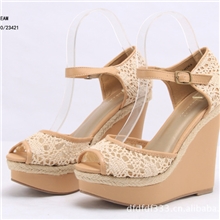 f21夏季新款蕾丝坡跟凉鞋防水台超高跟鱼嘴网布麻绳边原单