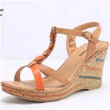 RONZO夏季新款拼色防水台PU底高跟凉鞋车缝线波西米亚花朵凉鞋