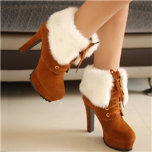 供应日韩秋冬新款毛毛外翻系带女靴细跟超高跟马丁靴欧美短靴