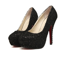 2013新款韩国夜店圆头细高跟单鞋女防水台性感蕾丝气质黑色鞋