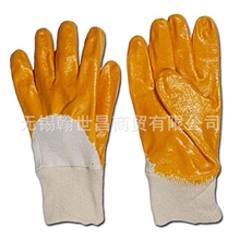 大量供应棉布里丁腈半浸手套，黄丁腈半挂手套，棉毛布罗口手套