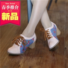 2013新款韩版高跟女鞋休闲淑女粗跟系带拼色印花牛仔布女式单鞋