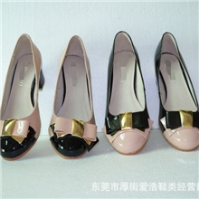 外贸厂家新款真皮撞色单鞋粗中跟女鞋甜美蝴蝶结鞋OL淑女工作鞋