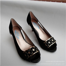 里外真皮细跟高跟鱼嘴凉鞋女外贸原单羊皮凉鞋女鞋黑色淑女