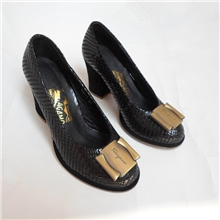 新款欧美大牌真皮蛇纹牛皮单鞋女鞋OL淑女高跟鞋粗跟工作鞋黑色