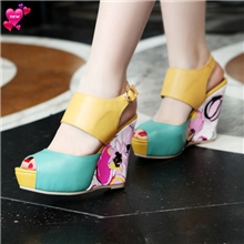 K476诚招代理一件代发拼色印花淑女坡跟鱼嘴真皮凉鞋超高跟女士鞋