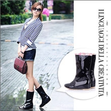 批发诚招代理13年秋季新款漆皮面料简洁素面百搭内增高高筒雨靴