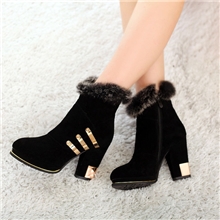 批发秋冬新款真皮女鞋牛翻皮兔毛短筒粗跟鞋金属扣件饰骑士靴D311