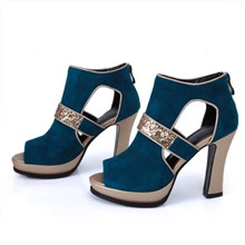 批发百搭时尚羊皮凉鞋性感粗跟罗马鞋镂空鞋真皮超高跟鱼嘴鞋