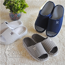 [预订款]外贸情侣款条纹全棉针织厚底露头防水家居地板拖鞋