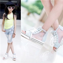 2013夏季韩版新款童鞋钻饰拼网面女童牛仔鞋凉鞋儿童板鞋鱼嘴鞋