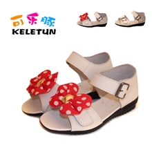 可乐豚童鞋中小女童鱼嘴露趾金属扣魔术贴牛皮真皮童凉鞋